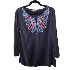 Lilly Pulitzer Navy Blue Tunic Embroidery Beading Boho Restortwear Colorful Med